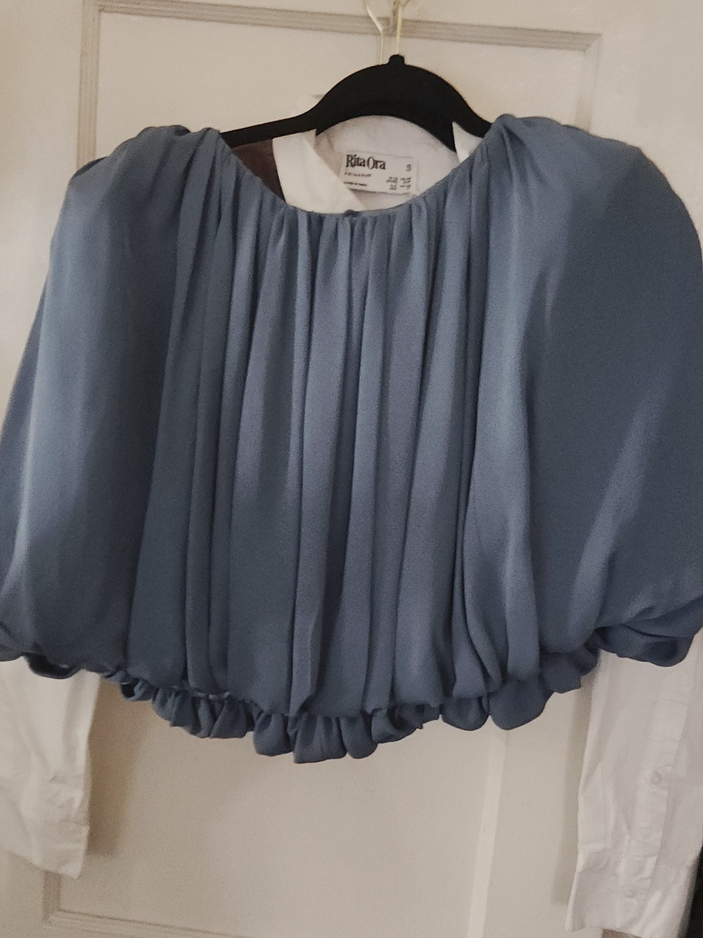 Dusty Blue Elastic-Hem Puff Sleeve Blouse